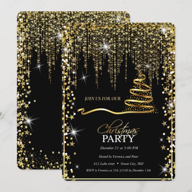 Elegant Black -Gold Sparkle Christmas Tree Invitation (Front/Back)