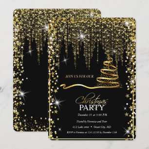 Elegant Black -Gold Sparkle Christmas Tree Invitation