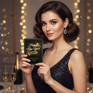 Elegant Black & Gold Sparkle Happy New Year 2026 Holiday Card