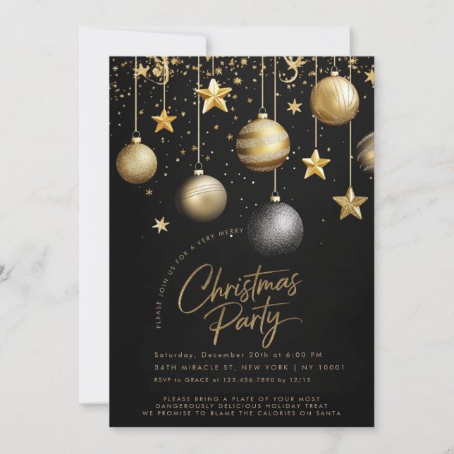 Elegant Black Gold Sparkle Stars Christmas Party Invitation (Front)