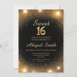 Elegant Black & Gold Sparkle Sweet 16 Invitation