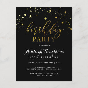 Elegant Black & Gold Star Confetti Birthday Invitation Postcard