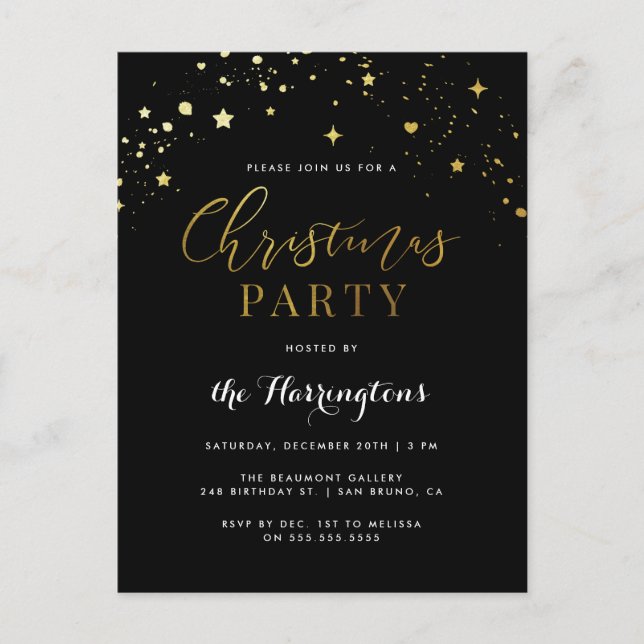 Elegant Black & Gold Star Confetti Christmas Party Invitation Postcard (Front)