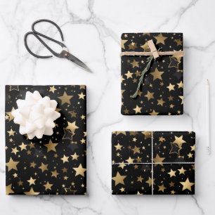 Elegant black gold star pattern party wrapping paper sheet