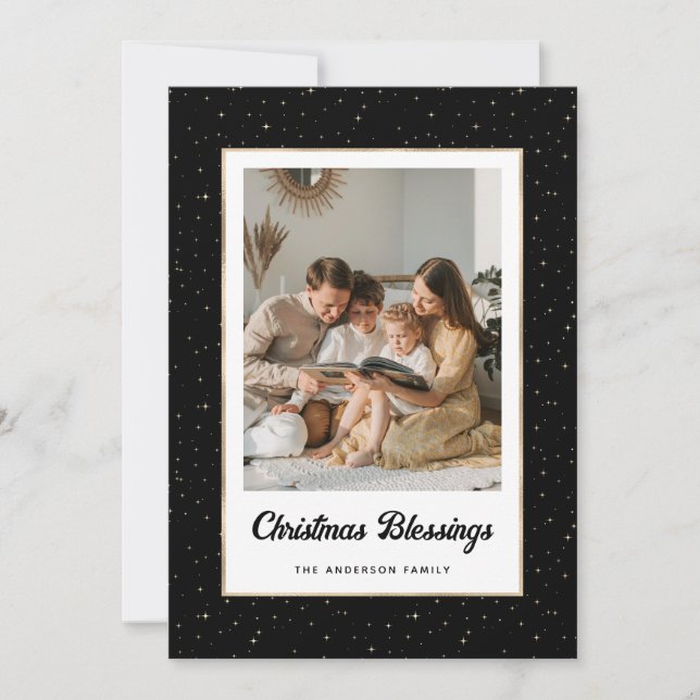 Elegant Black Gold Starry Photo Holiday Card (Front)