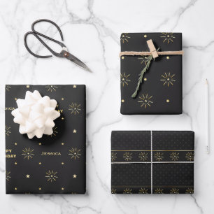 Elegant Black Gold Stars Birthday Wrapping Paper