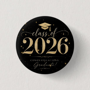 Elegant Black Gold Stars Class of 2026 Graduation 3 Cm Round Badge