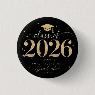 Elegant Black Gold Stars Class of 2026 Graduation 3 Cm Round Badge