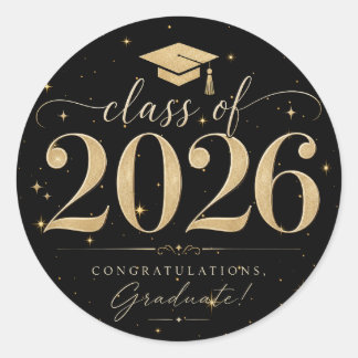 Elegant Black Gold Stars Class of 2026 Graduation Classic Round Sticker
