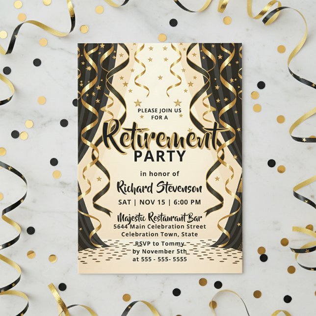 Elegant Black Gold Streamers Retirement Party Invitation (Creator Uploaded)