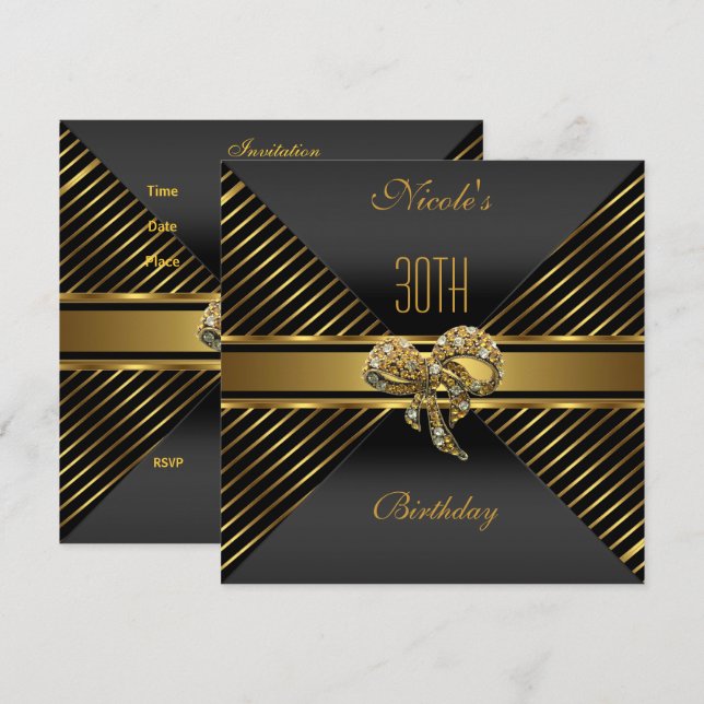 Elegant Black gold Stripe 30th Birthday Invitation (Front/Back)