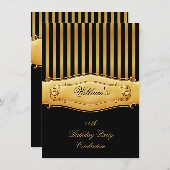 Elegant Black Gold Stripe Birthday Party Men's Man Invitation (Front/Back)