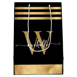 Elegant Black Gold Striped Monogram Girly Script Medium Gift Bag