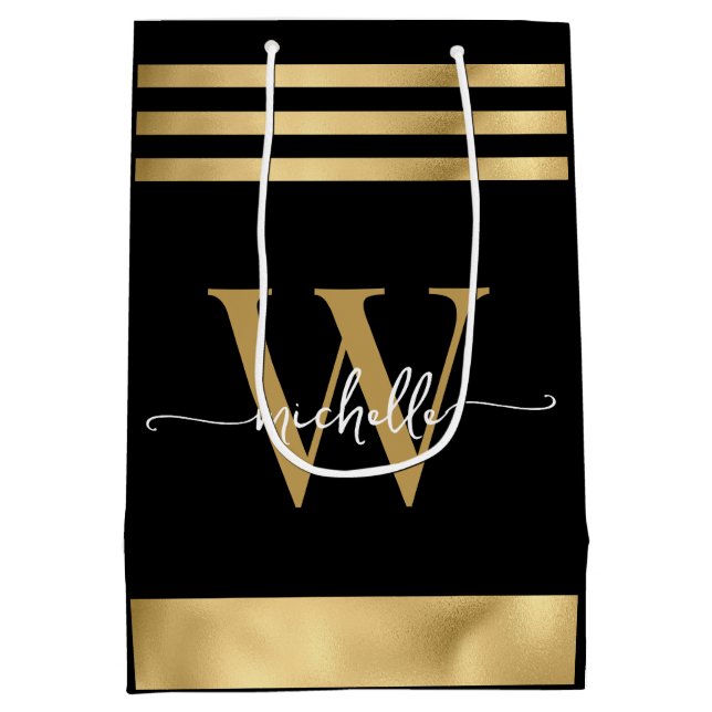 Elegant Black Gold Striped Monogram Girly Script  Medium Gift Bag (Back)