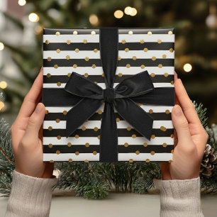 Elegant Black Gold Stripes & Dots Christmas Gift  Wrapping Paper