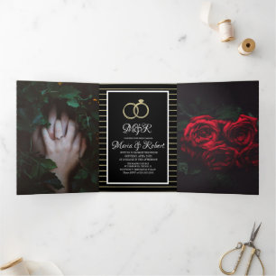 Elegant Black Gold Stripes Foil Wedding Tri-Fold Invitation