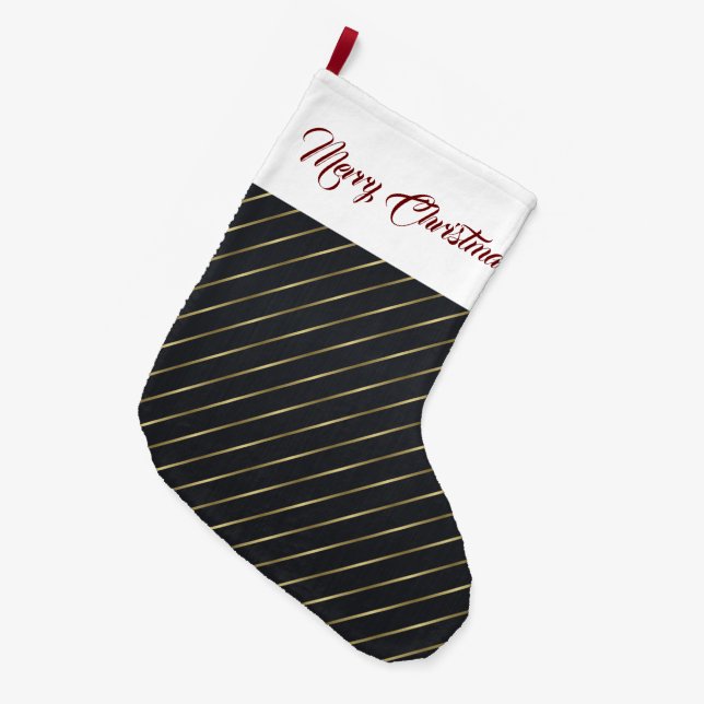 Elegant Black Gold Stripes  Large Christmas Stocking (Front (Hanging))