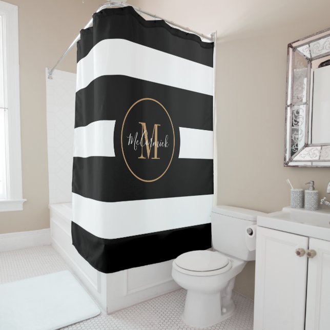 Elegant Black Gold Stripes Monogram Script Name Shower Curtain (In Situ)