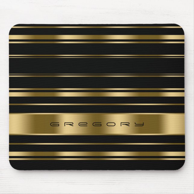 Elegant Black & Gold Stripes Pattern Mouse Mat (Front)