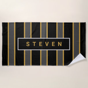 Elegant Black Gold Stripes Personalised Mens Beach Towel