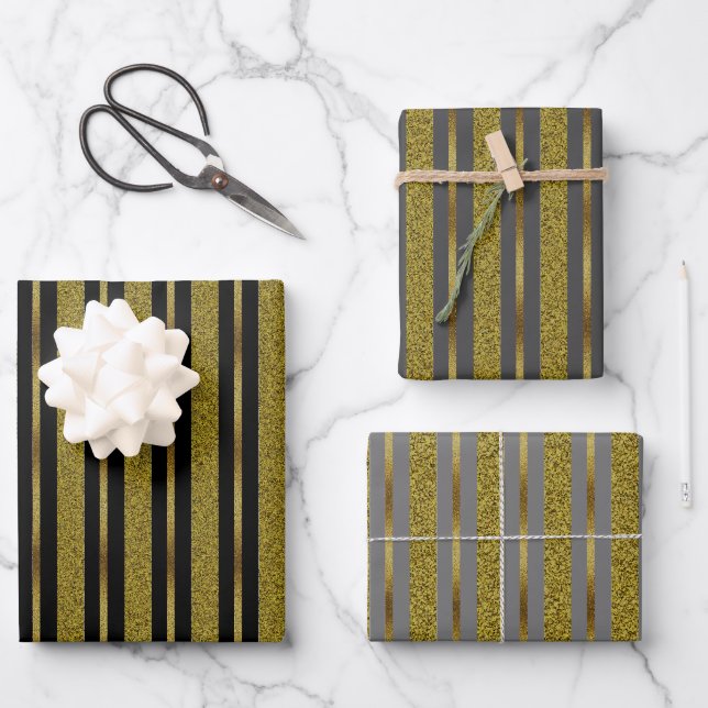 Elegant Black & Gold Stripes  Wrapping Paper Sheet (Front)