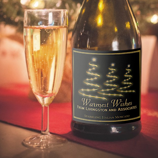 Elegant Black & Gold Stylised Christmas Trees Sparkling Wine Label (In Situ with Glass)