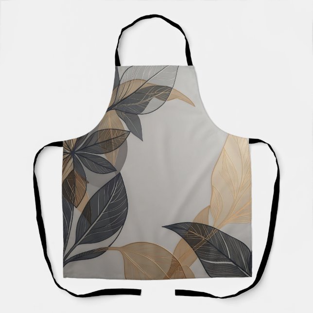 Elegant Black Gold Stylised Leaf Botanical Pattern Apron (Front)