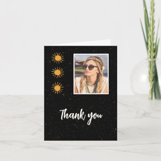 Elegant Black Gold Sun Photo Birthday Thank You Card (Front)