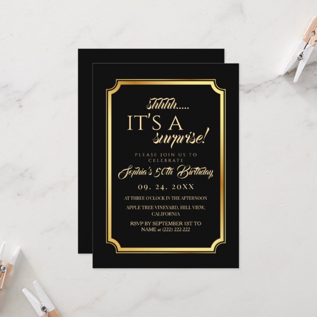 Elegant Black Gold Surprise 50th Birthday Party Invitation (Front/Back In Situ)