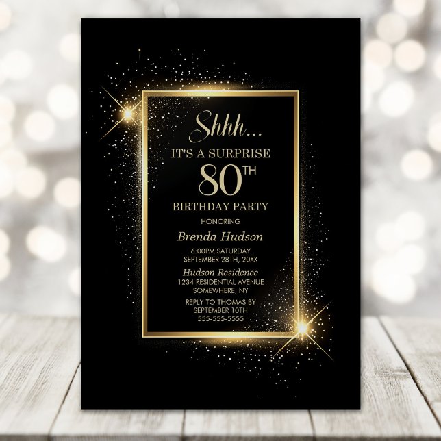Elegant Black Gold Surprise 80th Birthday Party Invitation (Creator Uploaded)