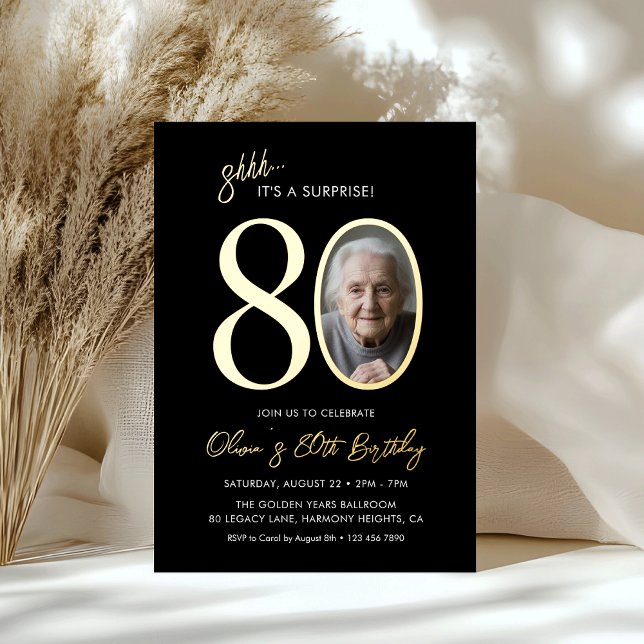 Elegant Black Gold Surprise 80th Birthday Photo (Creator Uploaded)