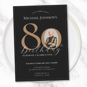 Elegant Black Gold Surprise Photo 80th Birthday Invitation