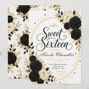 Elegant Black Gold Sweet Sixteen Invitation