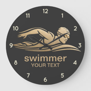Elegant Black Gold Swimmer Swimming Pool Water Large Clock