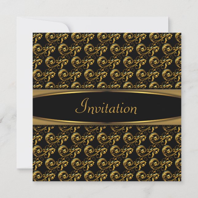 Elegant Black Gold Swirl Party Invitation (Front)