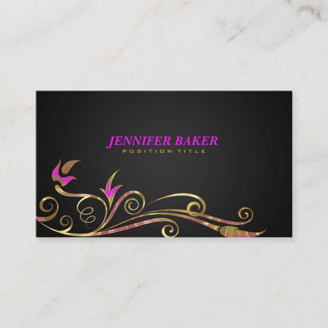 Elegant Black & Gold Swirl Pink Accents Business Card (Front)