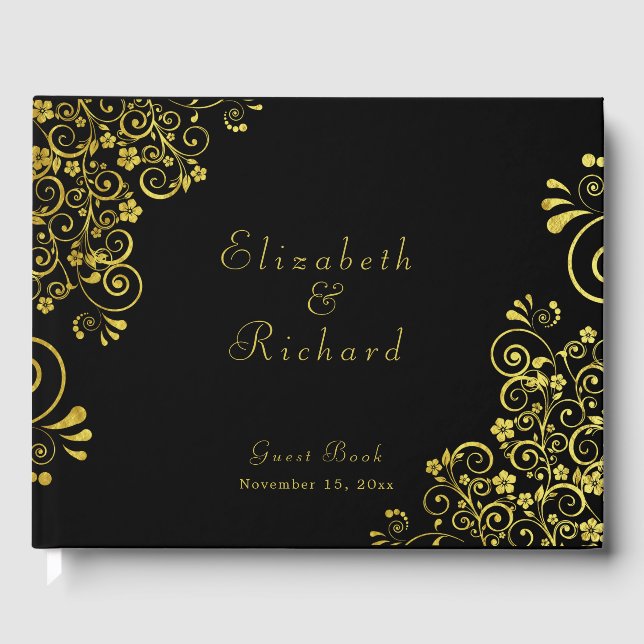 Elegant Black Gold Swirls Script Wedding Guest Book (Front)