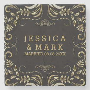 Elegant Black & Gold Swirls Vintage Floral Frame Stone Coaster