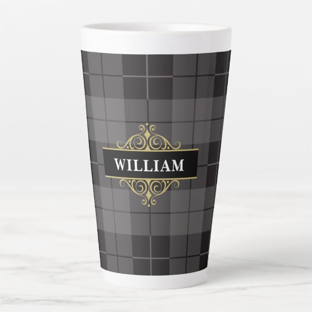 Elegant Black Gold Tartan Plaid Monogram Latte Mug (Front)