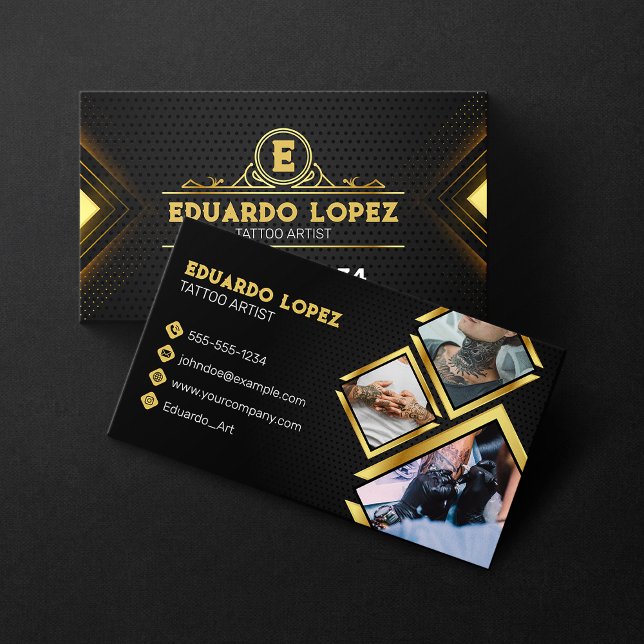 Elegant Black & Gold Tattoo Artist Salon Photo Business Card (Creator Uploaded)