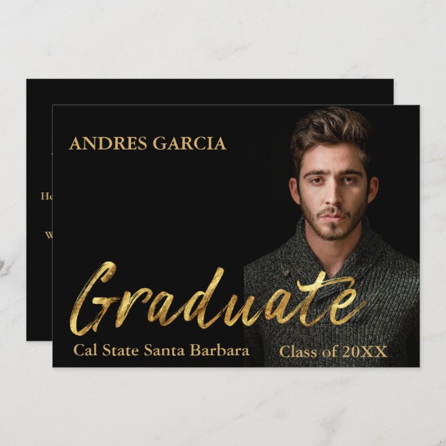 Elegant Black Gold Text Overlay Graduate Photo Announcement (Front/Back)