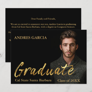 Elegant Black Gold Text Overlay Graduate Photo Announcement