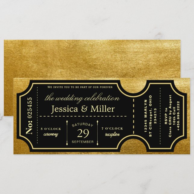 Elegant Black & Gold Ticket Wedding Invitation (Front/Back)