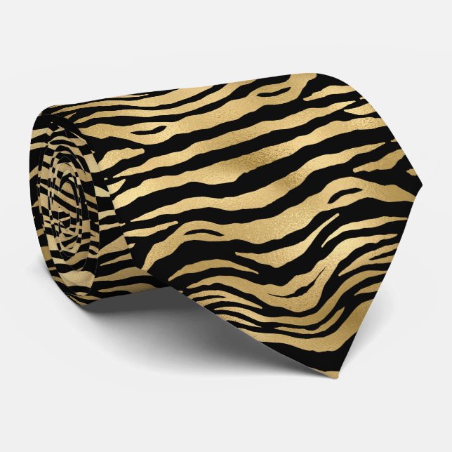elegant black gold tiger print pattern tiled tie (Rolled)