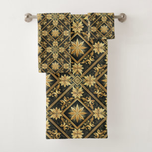 Elegant black gold tiled pattern bath towel set