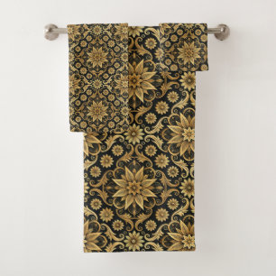 Elegant black gold tiled pattern bath towel set