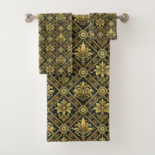 Elegant black gold tiled pattern bath towel set