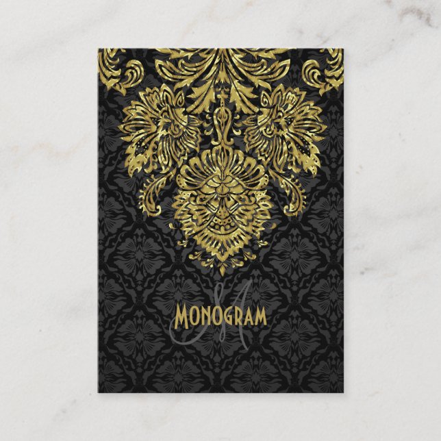 Elegant Black & Gold Tones Floral Damasks Business Card (Front)
