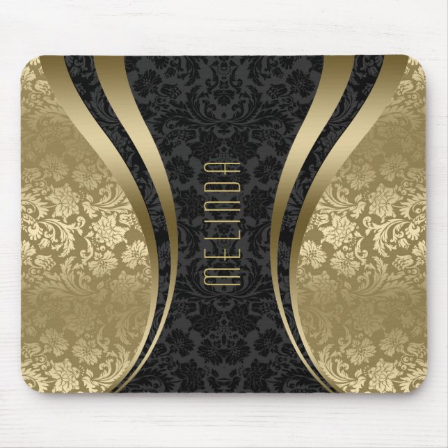 Elegant Black & Gold Tones Floral Damasks Mouse Mat (Front)
