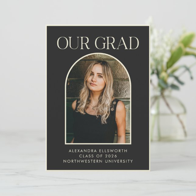 Elegant Black Gold Trendy Arch Photo Graduation  Announcement (Standing Front)